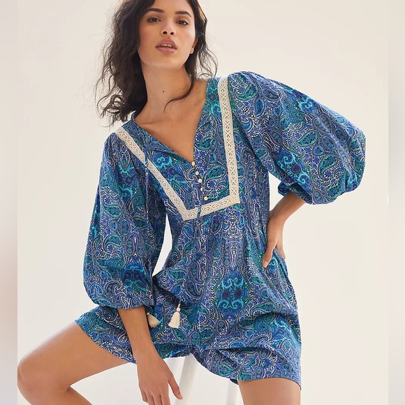 Anthropologie Pants - Anthropologie Lissa Boho Crochet Lace Detail Paisley Print Puff Sleeve Romper XS